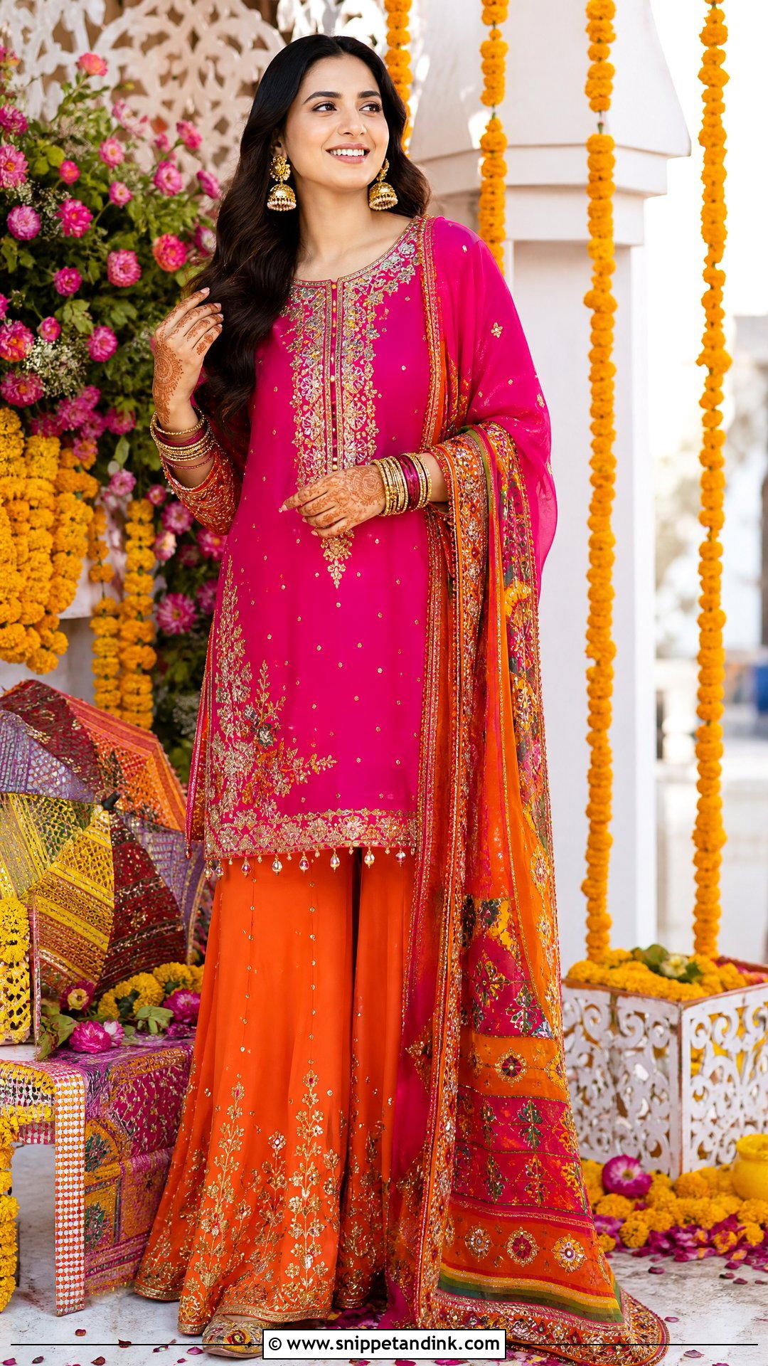 Fuchsia Long Shirt With Orange Sharara - Snippet and Ink - 25 Pakistani Long Shirt Wedding Dress Ideas