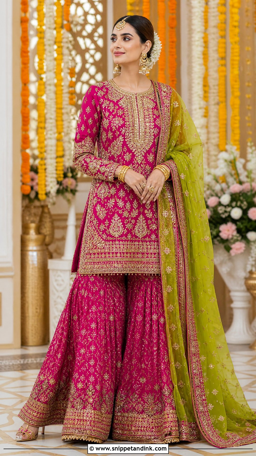 Fuchsia Mehndi Bridal Farshi Gharara - Snippet and Ink - 20 Pakistan Mehndi Bridal Outfit Ideas