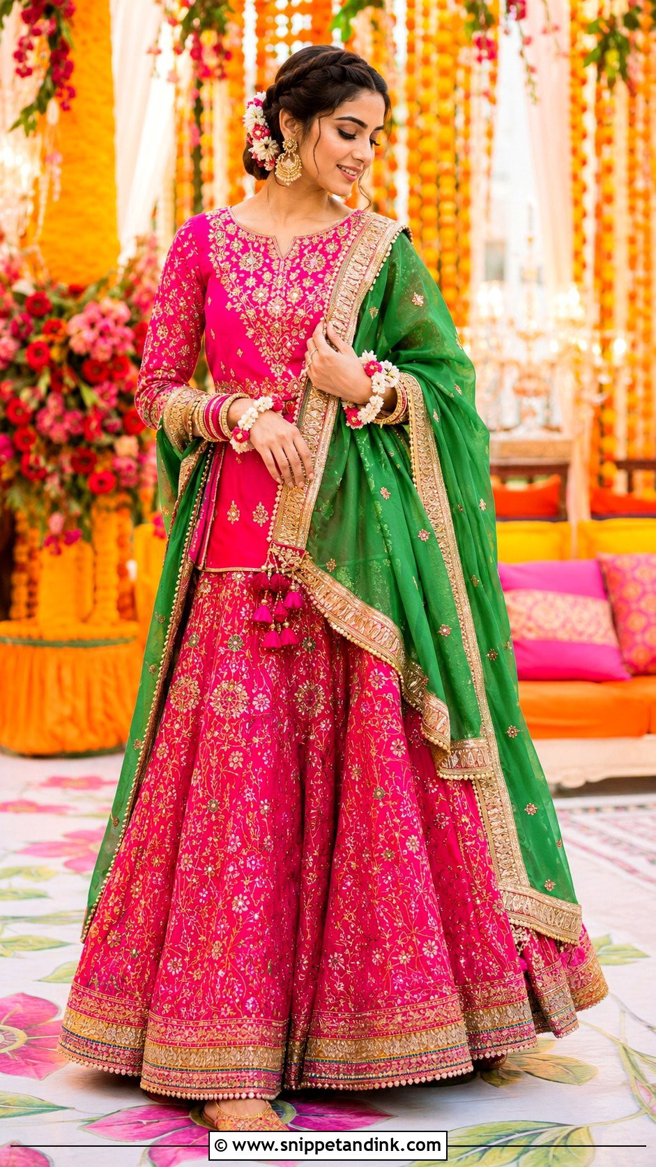 Fuchsia Mehndi Lehenga With Green Dupatta - Snippet and Ink - 30 Pakistani Wedding Dresses