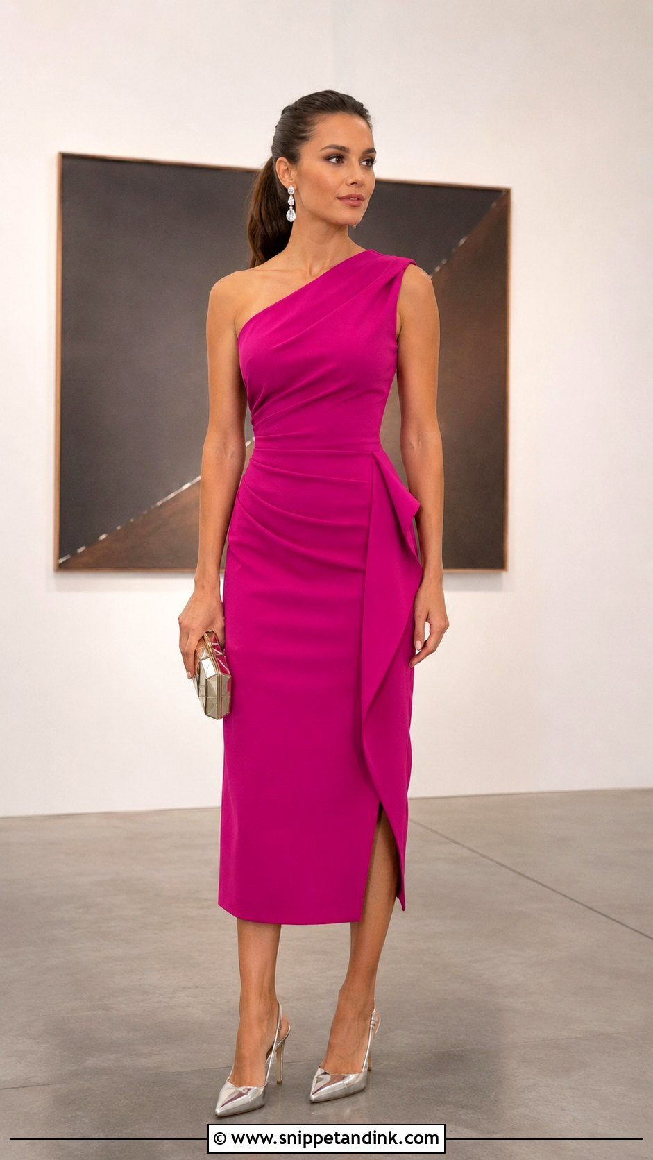 Fuchsia One Shoulder Dress With Silver Accessories - Snippet and Ink - 20 Fuschia Dress Outfit Wedding Ideas