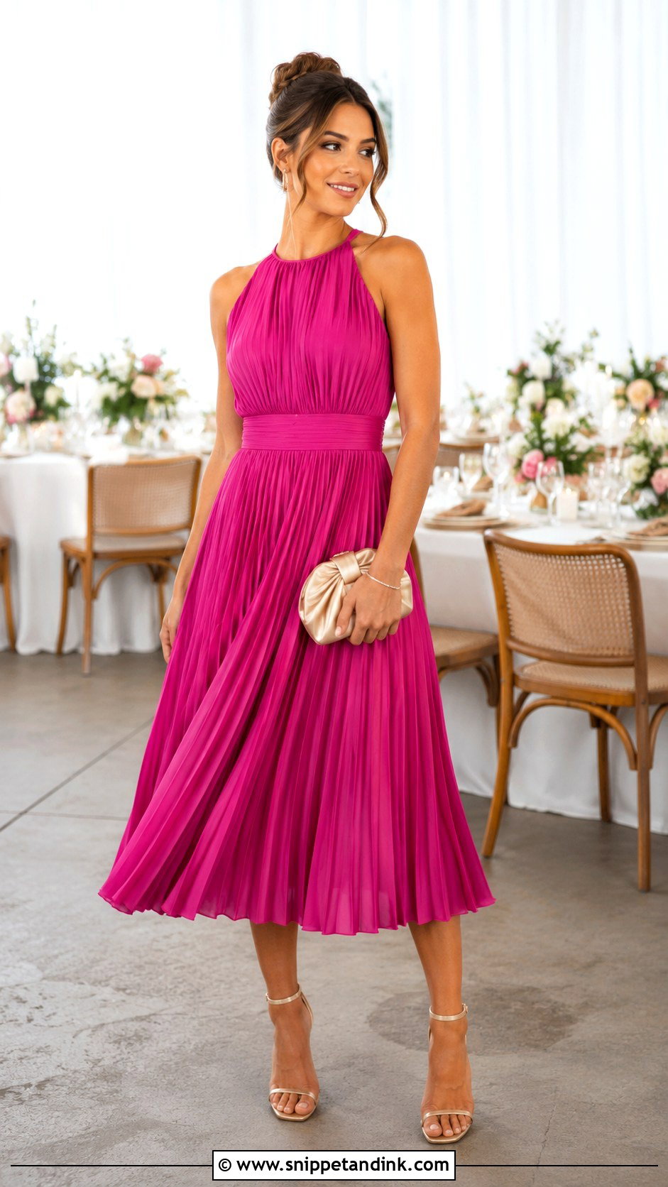 Fuchsia Pleated Midi Dress With Champagne Accessories - Snippet and Ink - 20 Fuschia Dress Outfit Wedding Ideas