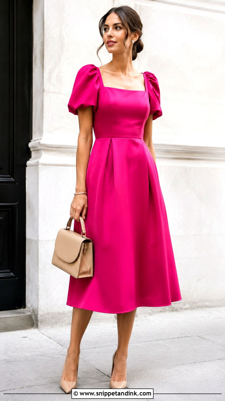 Fuchsia Puff Sleeve Dress With Nude Pumps - Snippet and Ink - 20 Fuschia Dress Outfit Wedding Ideas