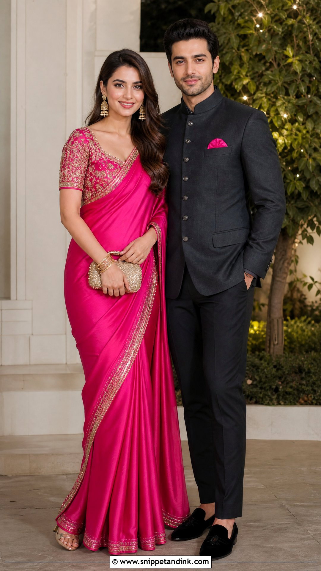 Fuchsia Saree And Charcoal Bandhgala - Snippet and Ink - 20 Ring Ceremony Couple Dress Ideas