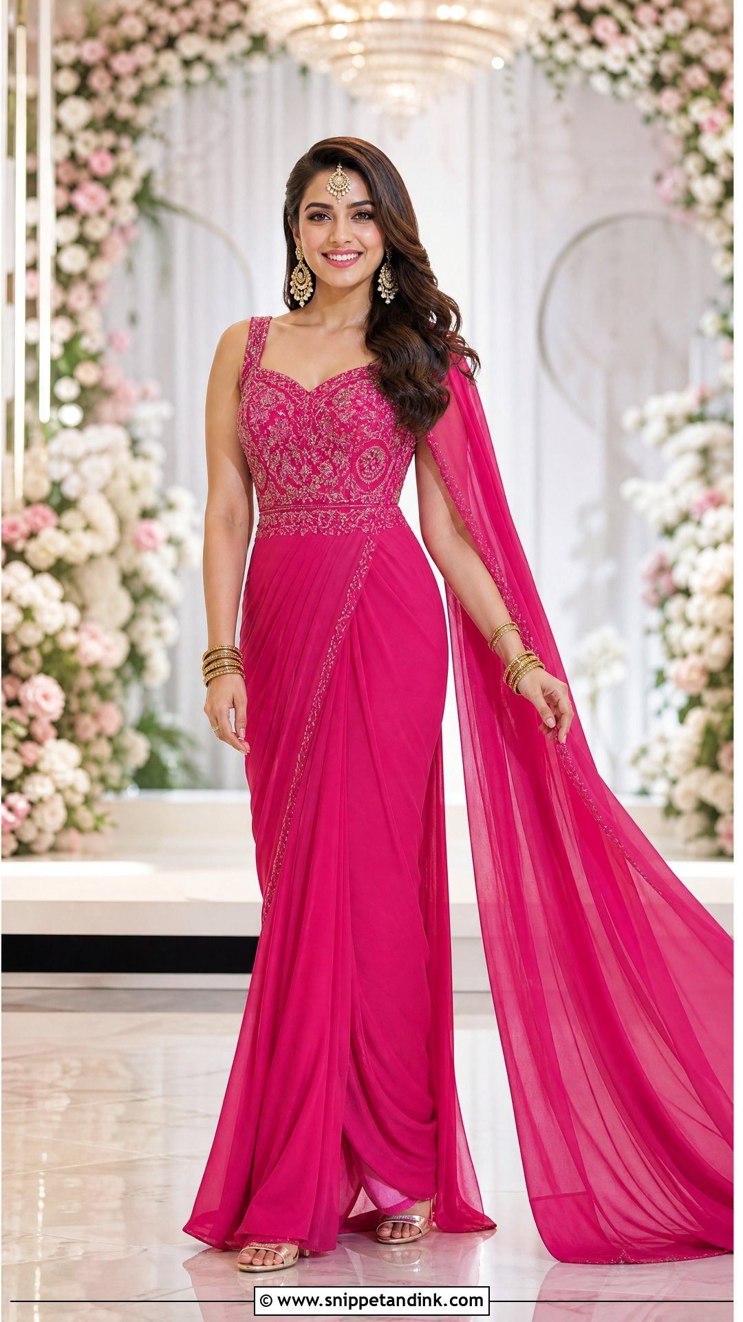 Fuchsia Saree Gown For Bride Sangeet - Snippet and Ink - 25 Bride Sangeet Outfit Ideas