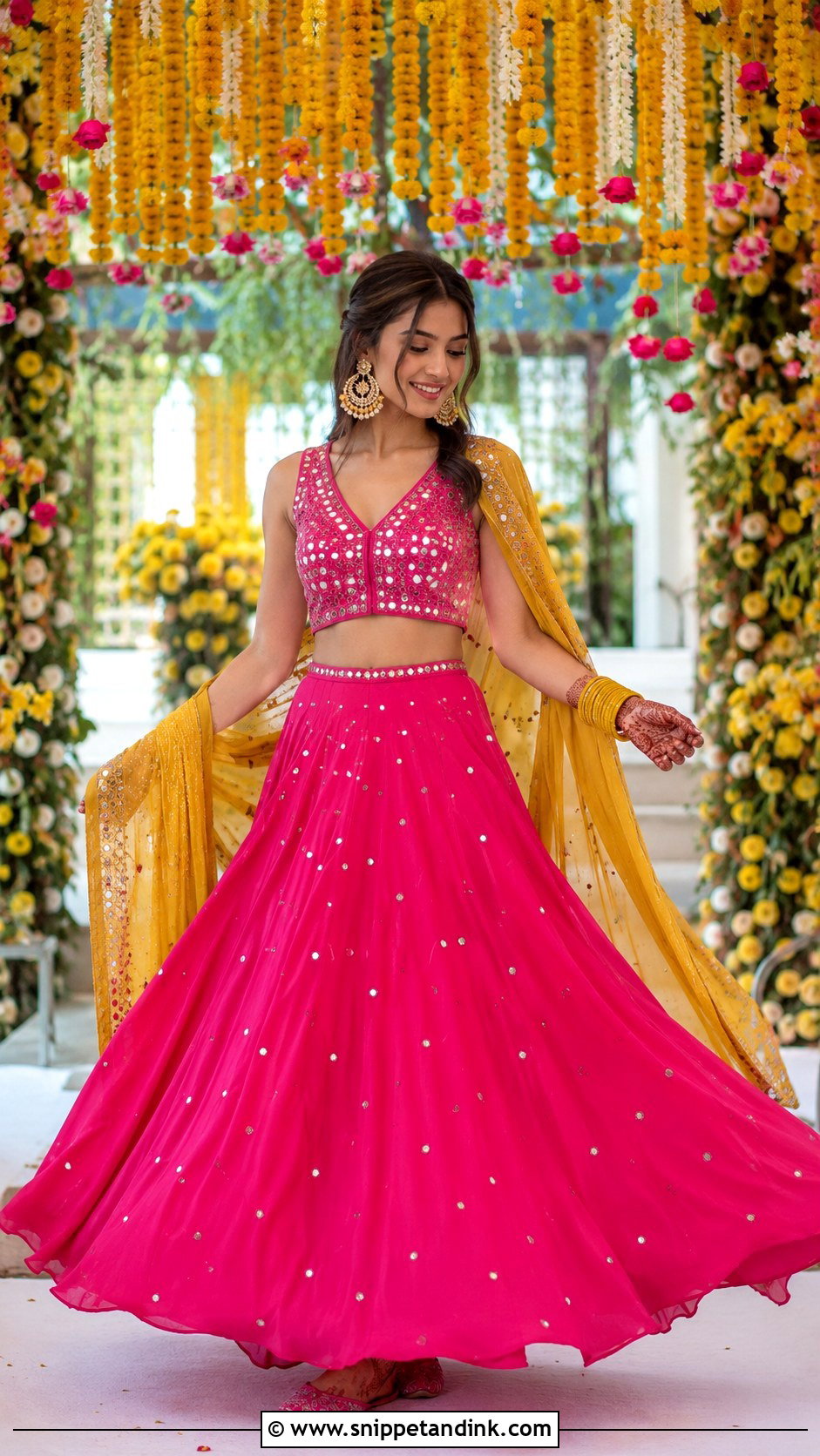 Fuchsia Skirt And Crop Top Haldi Outfit - Snippet and Ink - 20 Colourful Haldi Outfit Ideas
