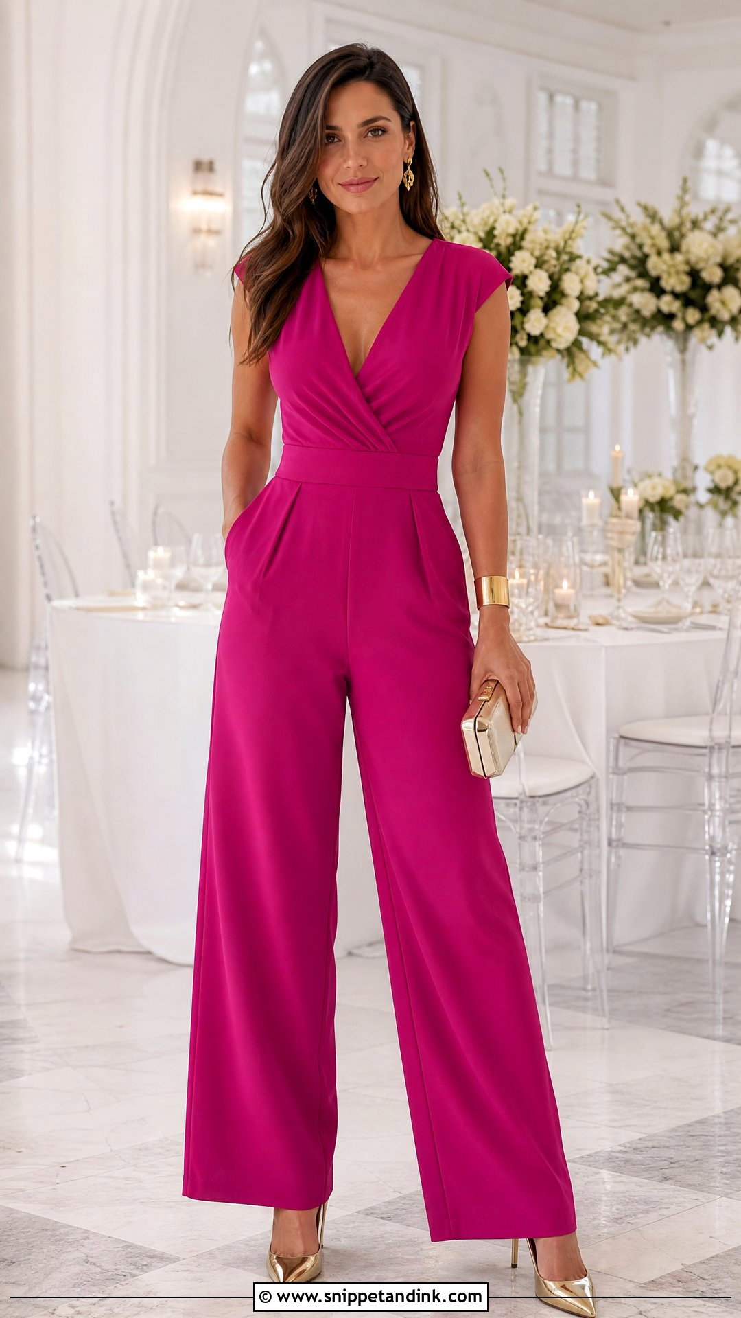 Fuchsia Wide Leg Jumpsuit Wedding Outfit - Snippet and Ink - 20 Pink Wedding Outfit Ideas