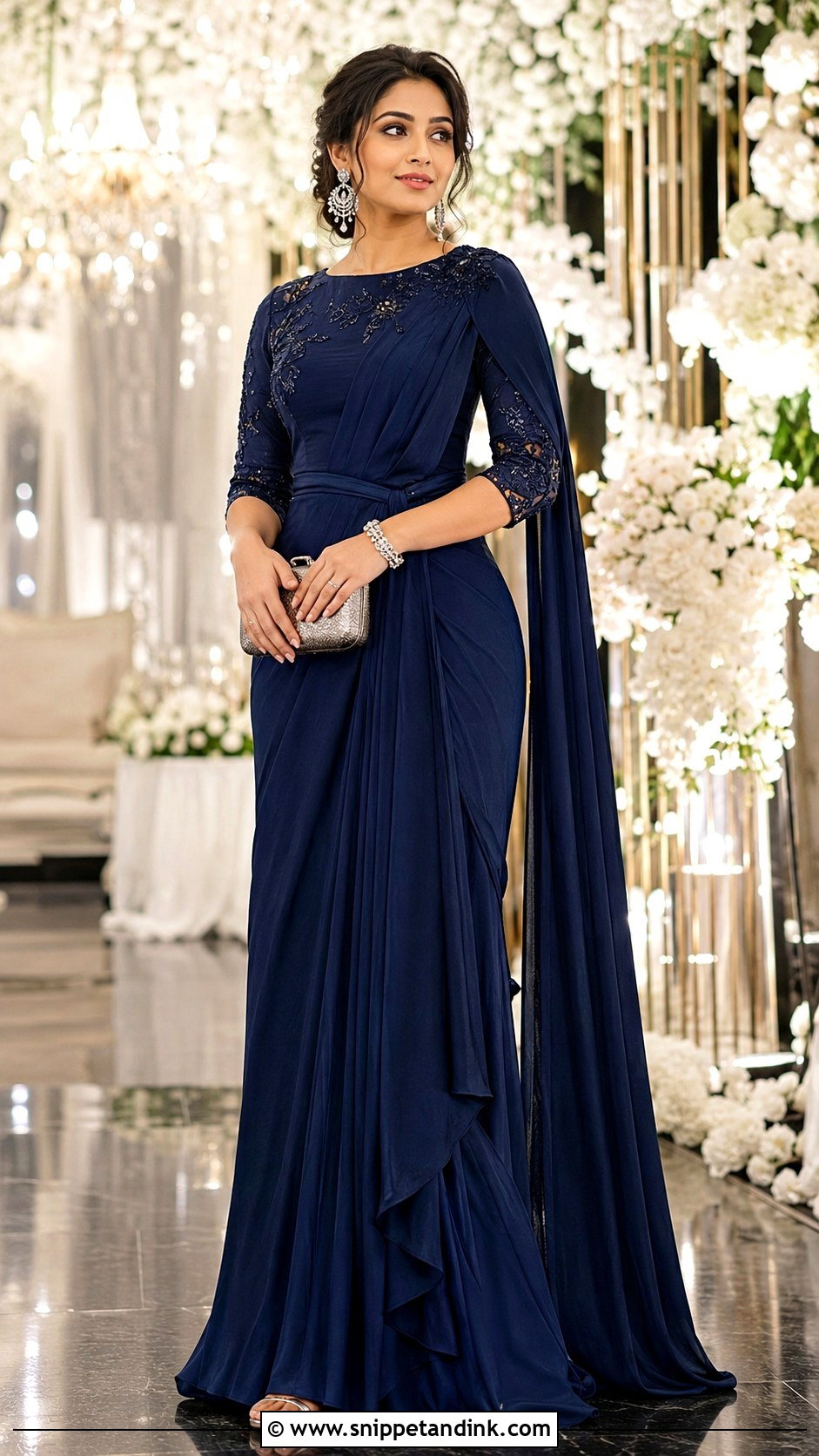 Fusion Saree Gown With Draped Sleeves - Snippet and Ink - 20 Indian Wedding Dresses with Sleeves