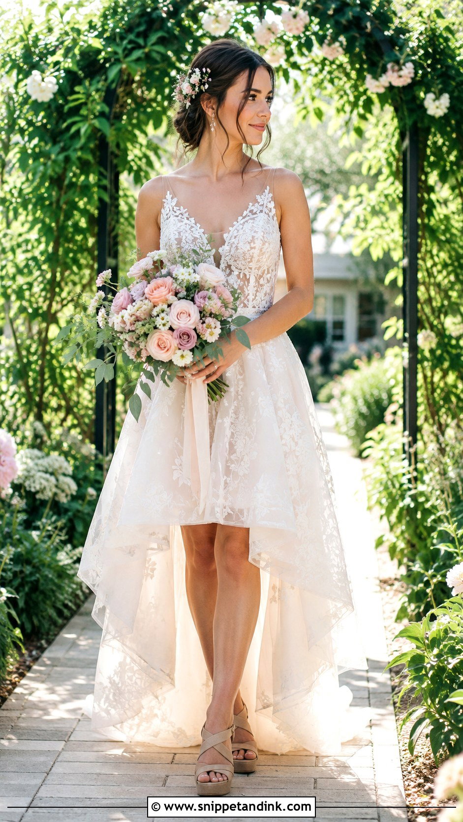 Garden High Low Wedding Dress With Floral Hair Pins - Snippet and Ink - 25 High Low Wedding Dress Ideas