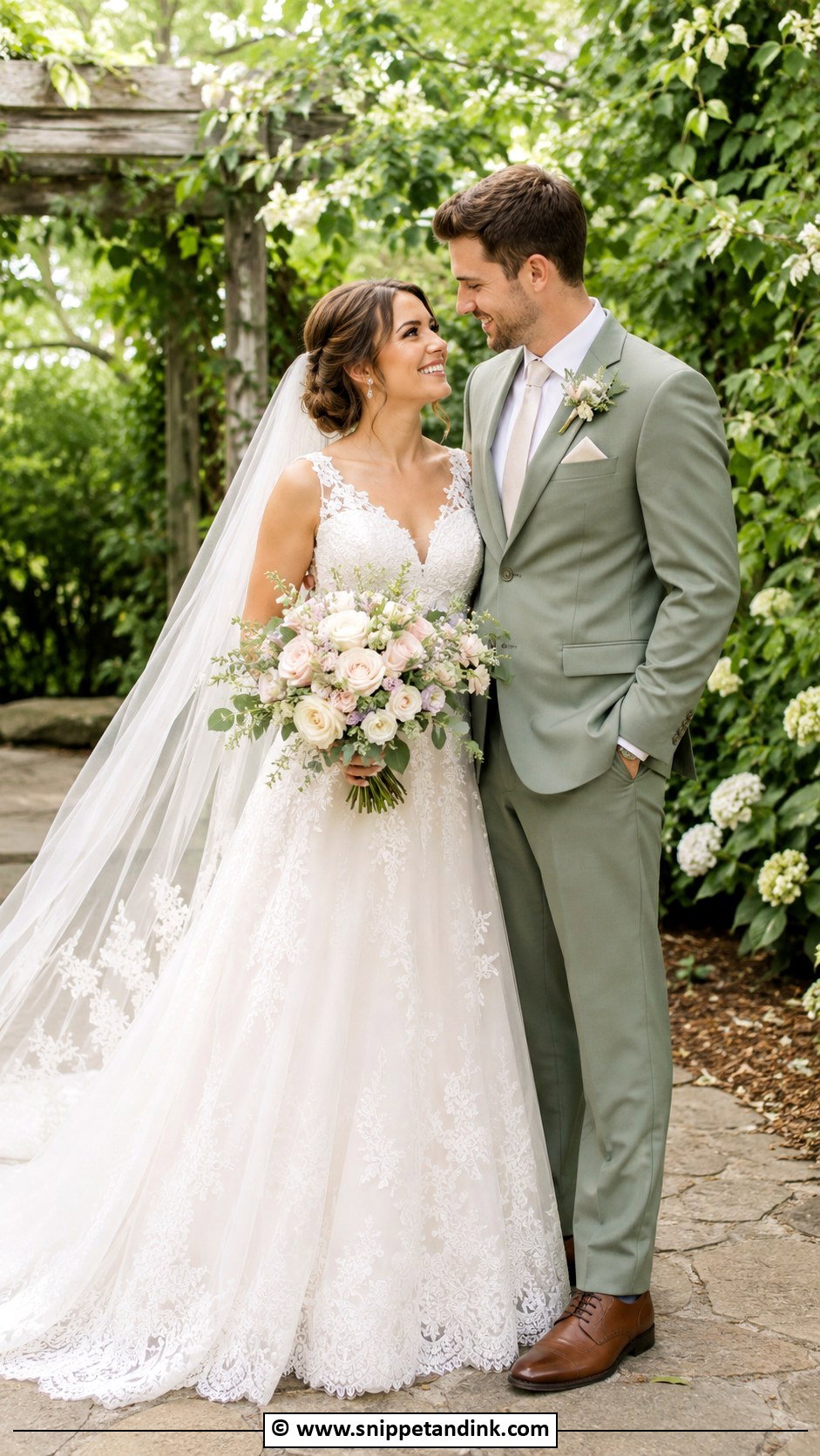 Garden Wedding Dress And Sage Green Suit - Snippet and Ink - 30 Couple Wedding Dress Ideas