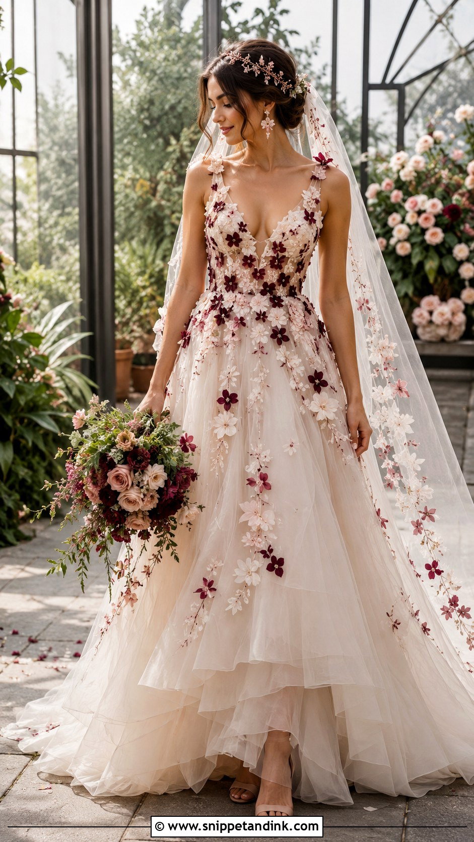 Garnet Floral Applique Wedding Dress - Snippet and Ink - 20 Garnet Wedding Dress Ideas
