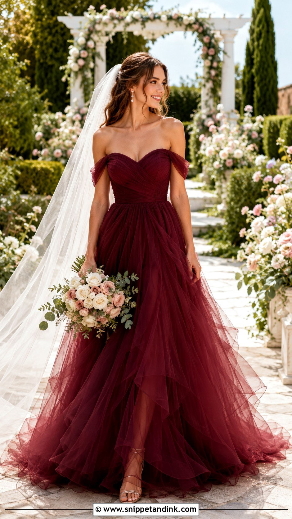 Garnet Off Shoulder Tulle Wedding Dress - Snippet and Ink - 20 Garnet Wedding Dress Ideas