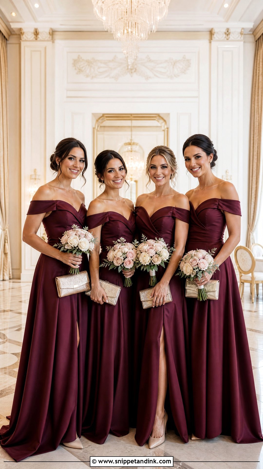 Garnet Off the Shoulder Bridal Party Dresses - Snippet and Ink - 20 Red Bridal Party Ideas