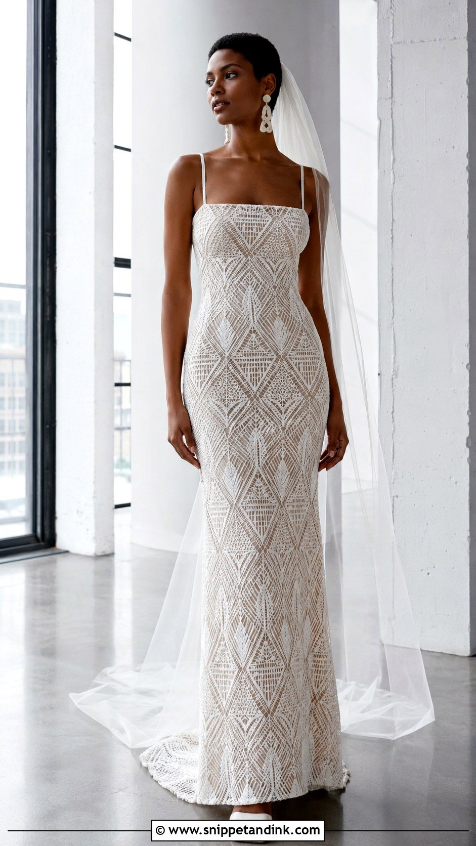 Geometric Lace Wedding Dress With Column Skirt - Snippet and Ink - 20 Modern Lace Wedding Dress Ideas