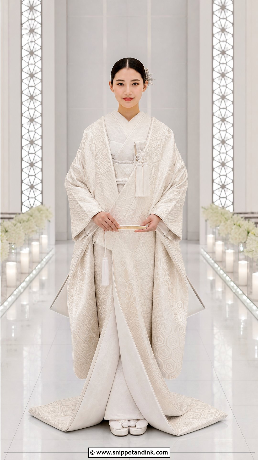 Geometric Shiromuku With Sleek Hair - Snippet and Ink - 20 Shiromuku Wedding Kimono Ideas
