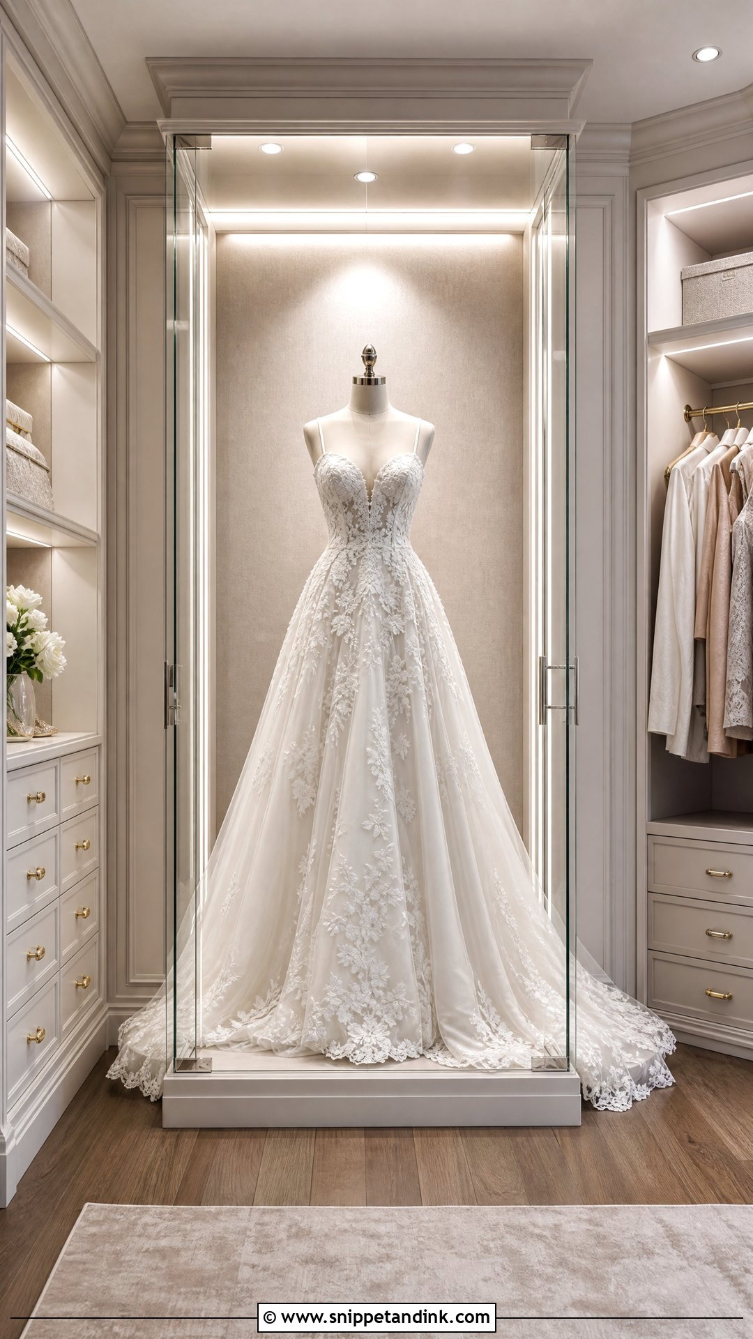 Glass Wedding Dress Display Case in Closet - Snippet and Ink - 20 Wedding Dress Display in Closet Ideas