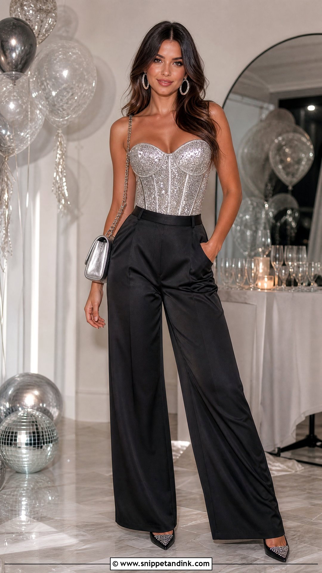 Glitter Corset And Satin Pants Sparkle Bachelorette Outfit - Snippet and Ink - 20 Sparkle Bachelorette Party Outfit Ideas