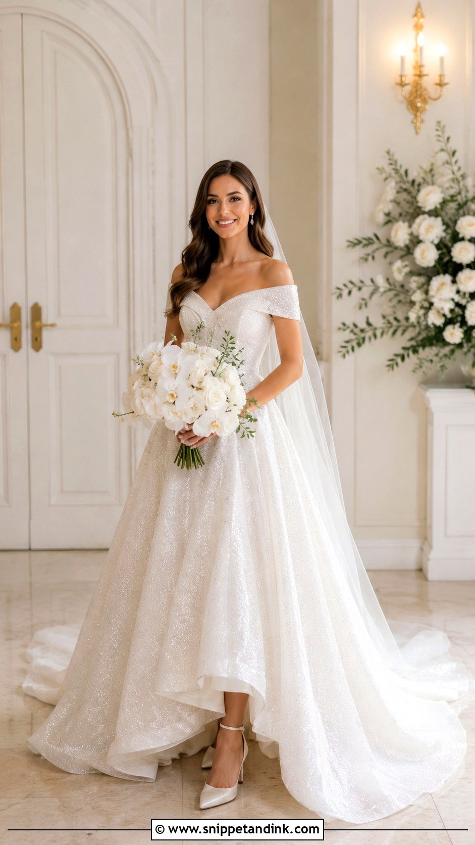 Glitter Off Shoulder Wedding Dress - Snippet and Ink - 30 Glitter Wedding Dress Ideas