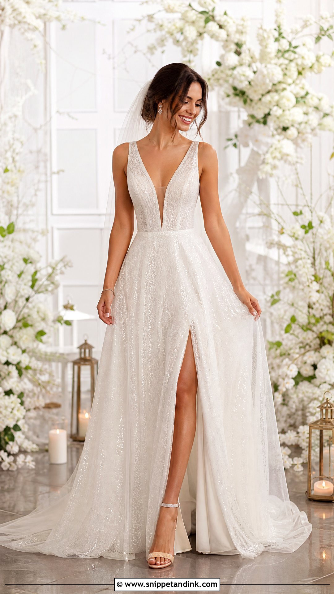 Glitter V Neck Wedding Dress - Snippet and Ink - 25 Glittery Wedding Dresses