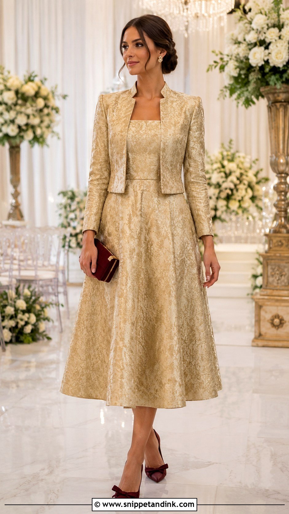 Gold A Line Dress With Bow Heels - Snippet and Ink - 20 Gold Dress for Wedding Ideas