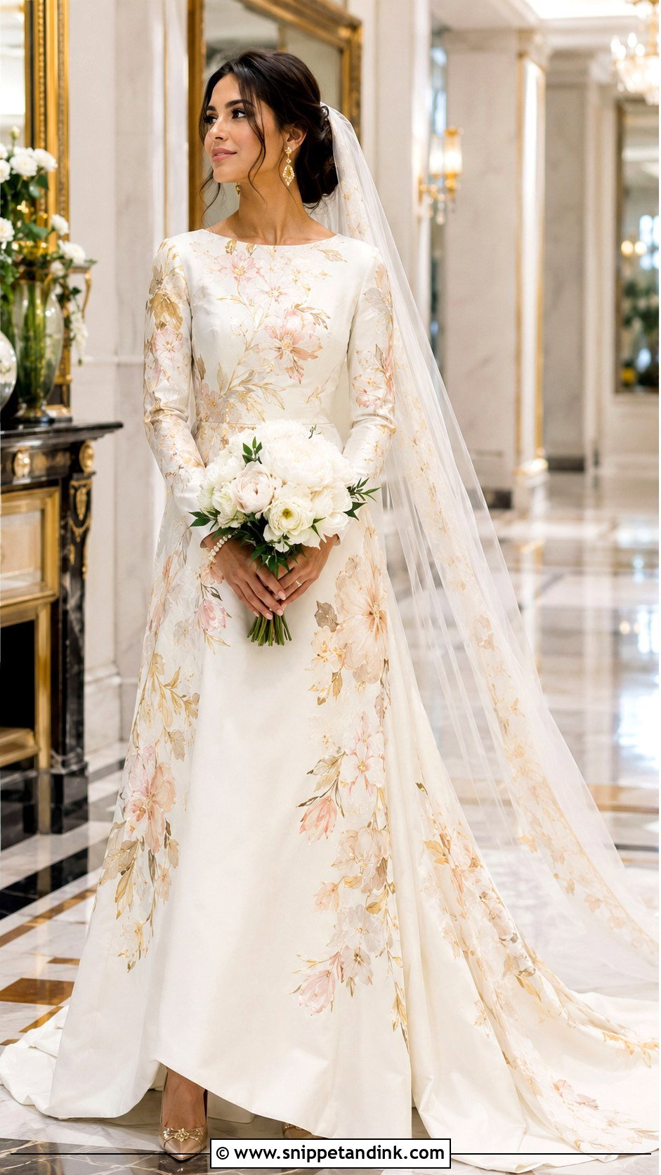 Gold Accent Floral Hand Painted Wedding Dress - Snippet and Ink - 20 Hand Painted Wedding Dress Ideas