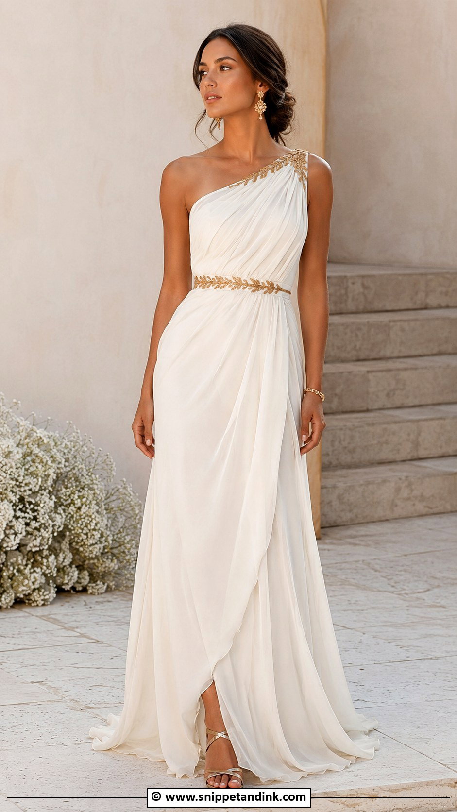 Gold Accent Goddess Wedding Dress - Snippet and Ink - 25 Goddess Wedding Dress Ideas