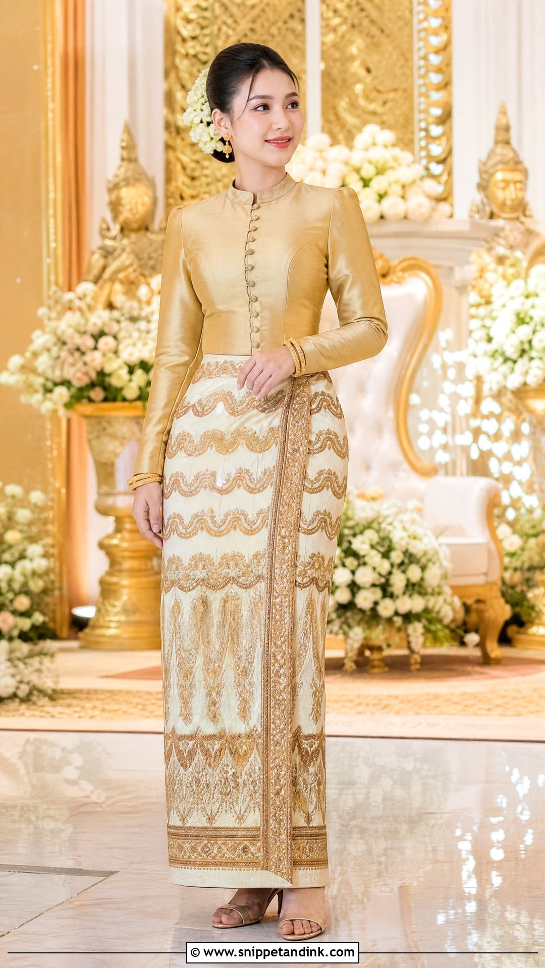 Gold Acheik Myanmar Wedding Dress - Snippet and Ink - 25 Myanmar Wedding Dress Design Ideas