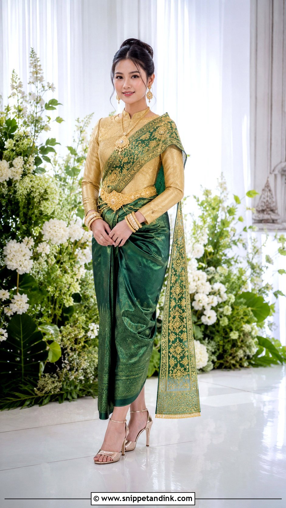 Gold And Green Khmer Wedding Dress - Snippet and Ink - 25 Khmer Wedding Dress Ideas