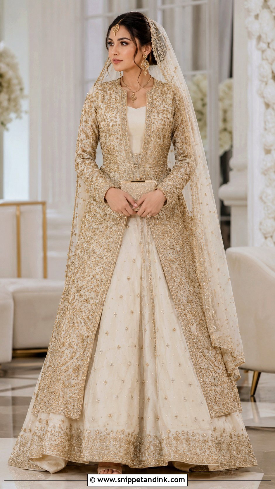 Gold And Ivory Jacket Lehenga Bridal Nikkah Dress - Snippet and Ink - 20 Bridal Nikkah Dresses