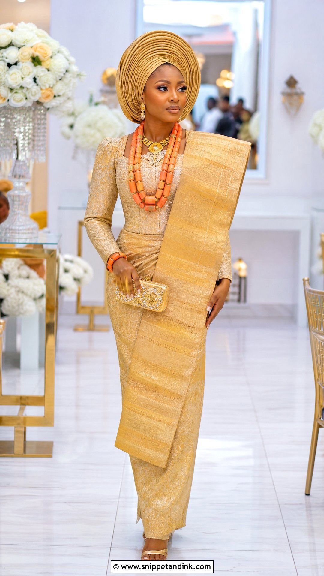 Gold Aso Oke Bridal Attire - Snippet and Ink - 25 Yoruba Bride Traditional Attire Ideas