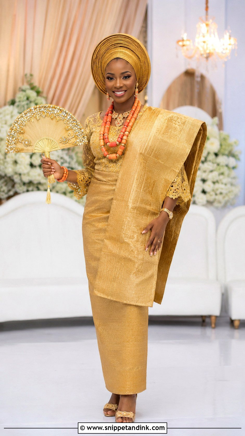 Gold Aso Oke Yoruba Bride Attire - Snippet and Ink - 25 Yoruba Traditional Wedding Attire for Bride Ideas
