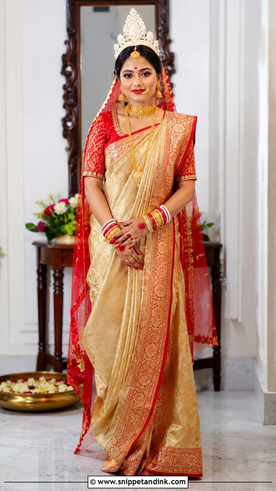 Gold Banarasi Bengali Bride Look - Snippet and Ink - 30 Bengali Bride Traditional Look Ideas