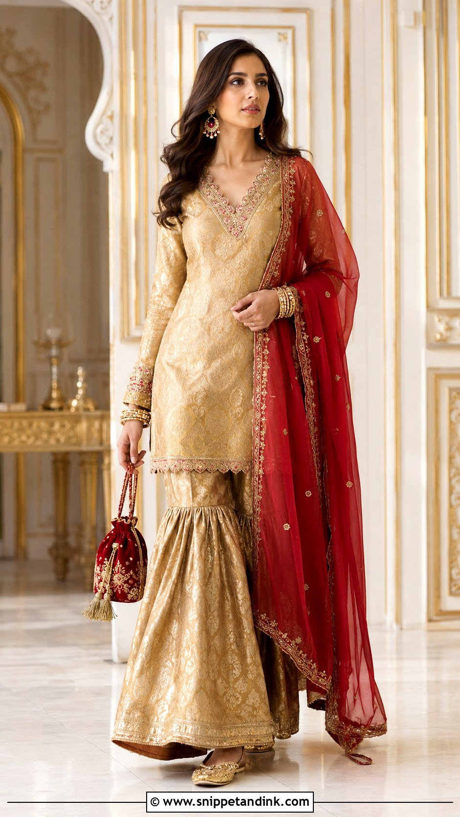 Gold Banarasi Garara With Red Dupatta - Snippet and Ink - 20 Garara Designs for Wedding