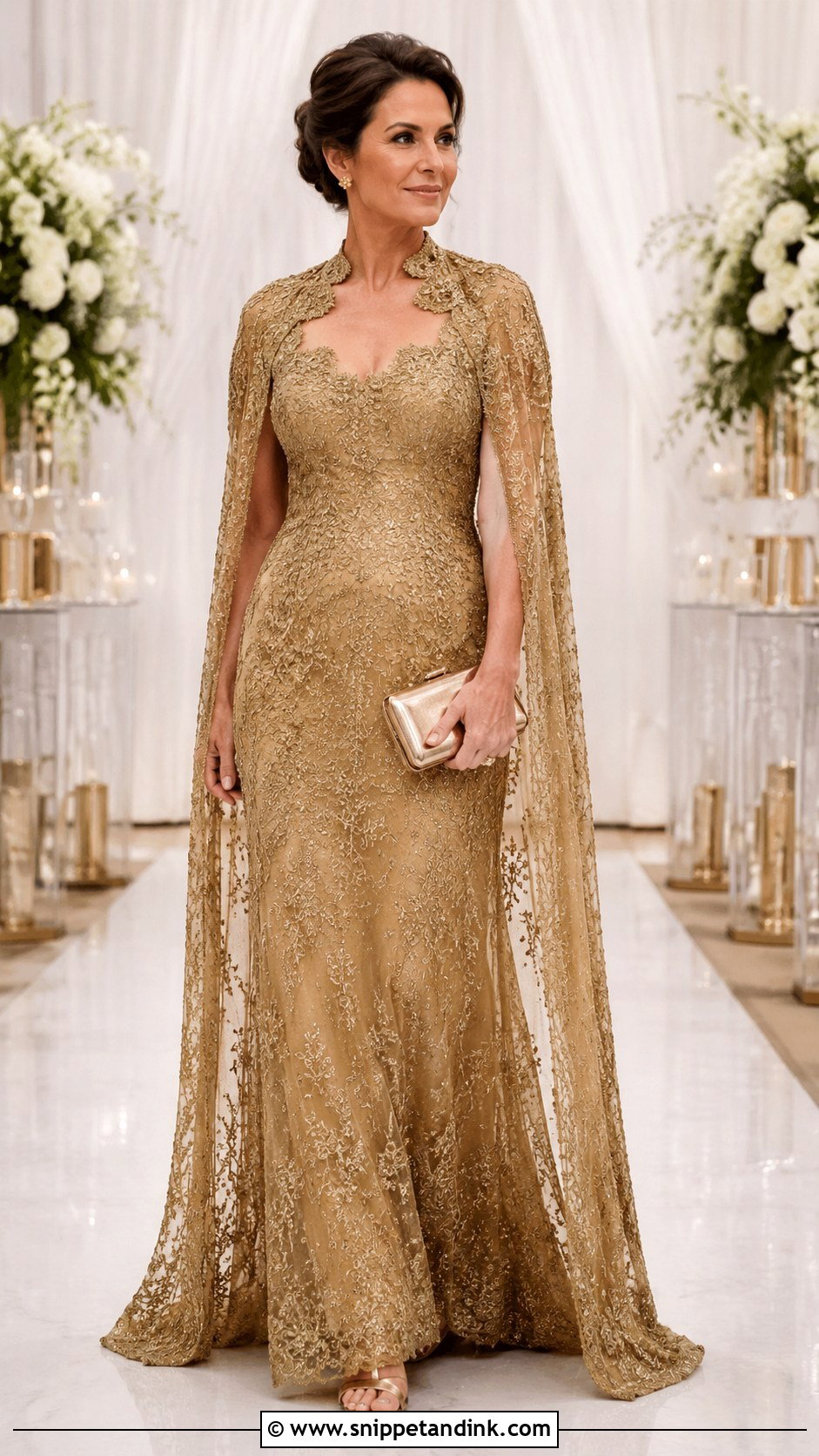 Gold Beaded Lace Cape Gown - Snippet and Ink - 20 Beaded Lace Gown Ideas
