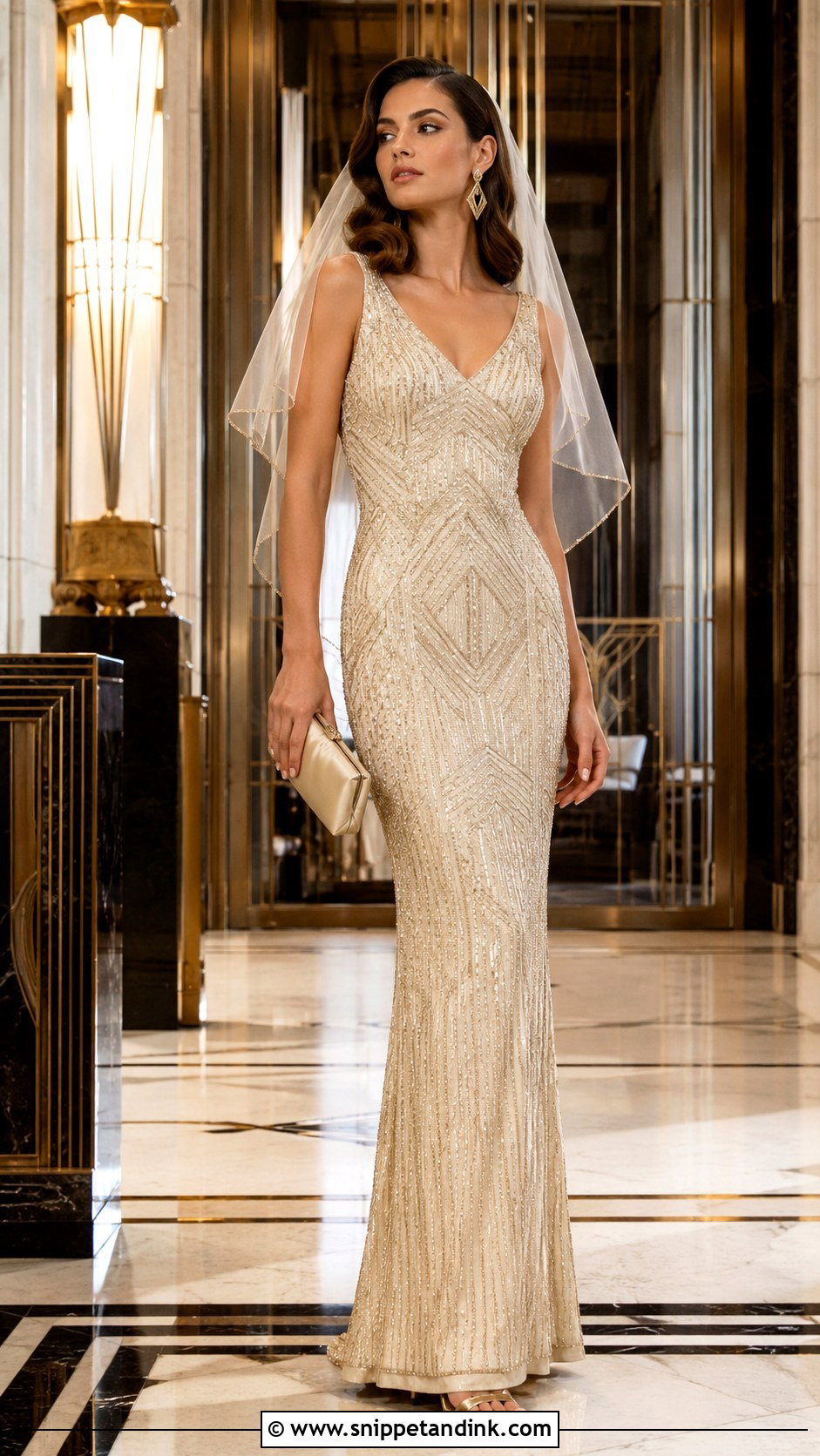 Gold Beaded Sheath Bridal Dress - Snippet and Ink - 20 Gold Bridal Dress Ideas