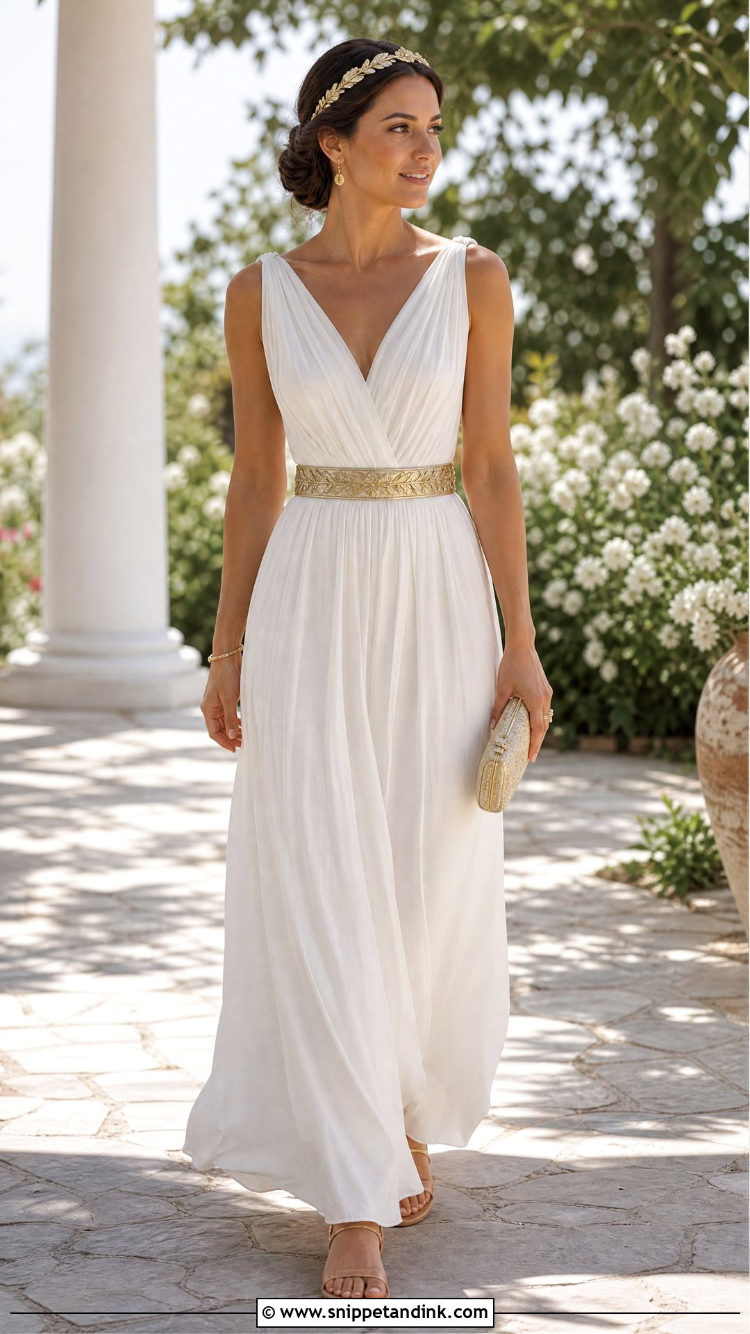 Gold Belt Ancient Greek Wedding Dress With Laurel Headband - Snippet and Ink - 25 Ancient Greek Wedding Dress Ideas