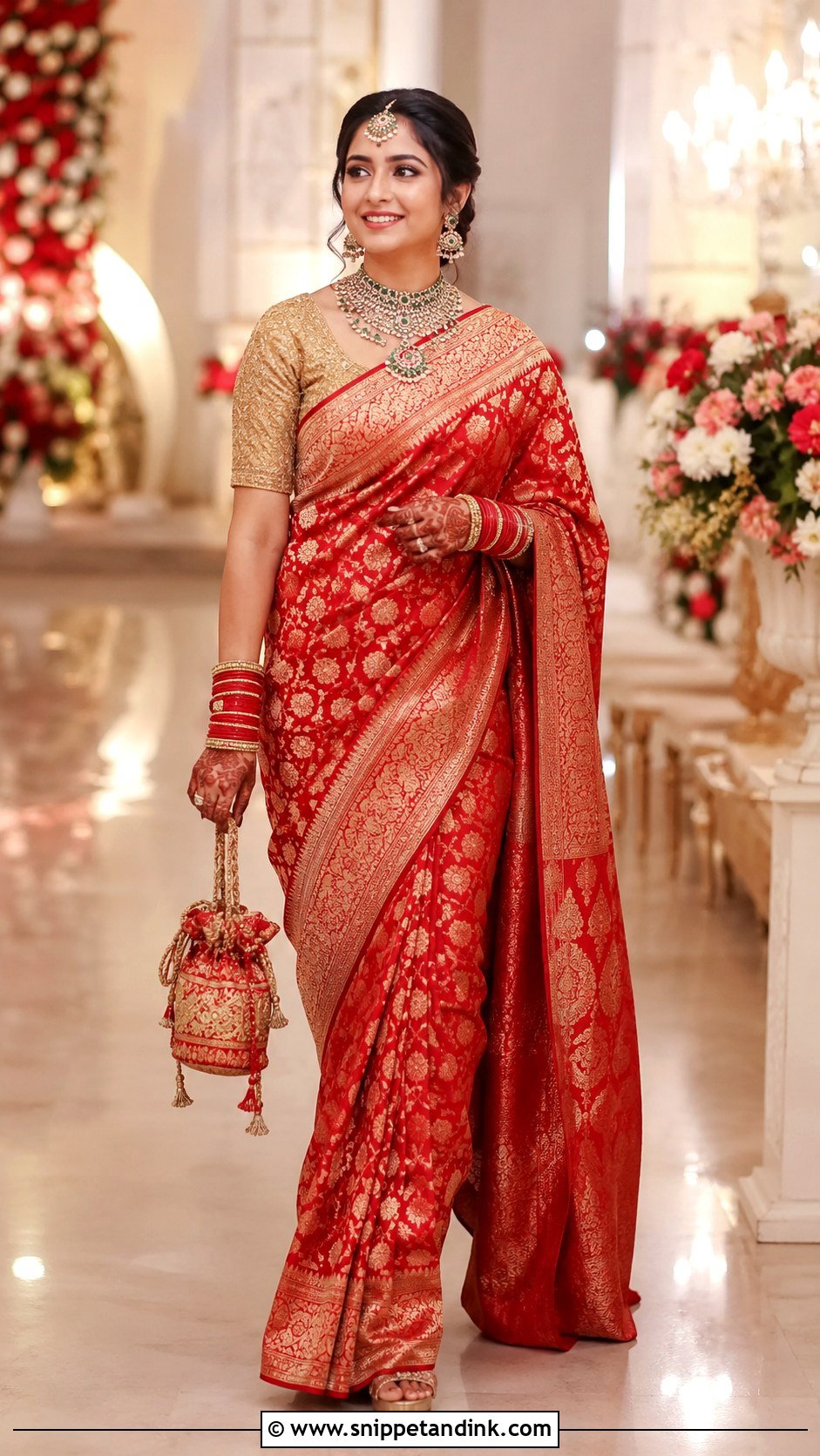 Gold Blouse With Red Wedding Saree - Snippet and Ink - 25 Traditional Blouse Designs Weddings