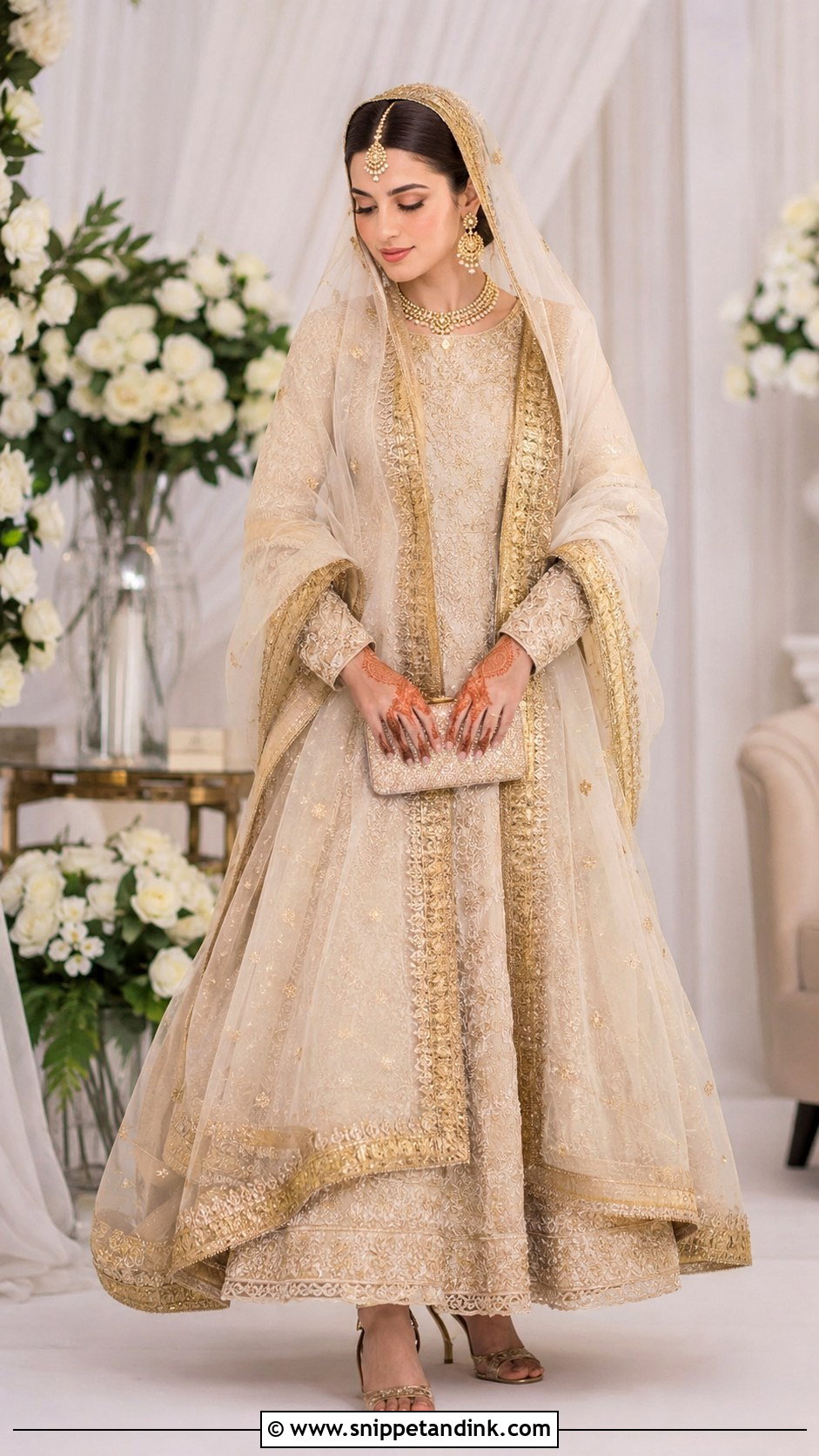 Gold Border Nikah Veil With Cream Outfit - Snippet and Ink - 25 Nikah Veil Ideas