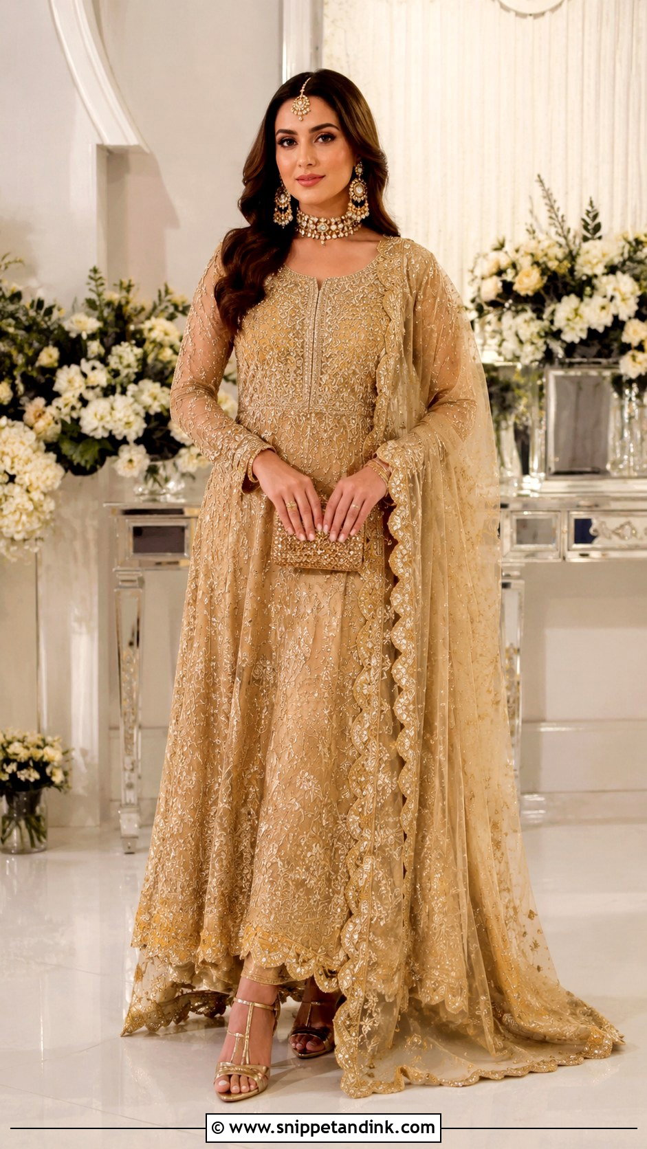 Gold Bridal Anarkali Suit With Net Dupatta - Snippet and Ink - 25 Bridal Anarkali Suits