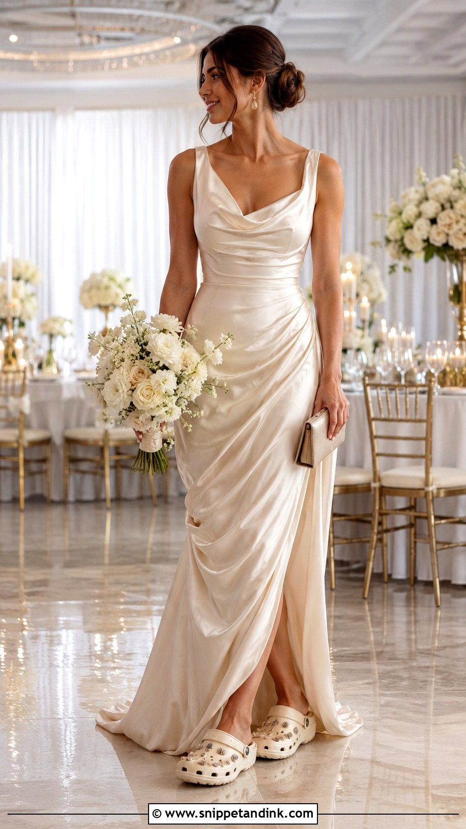 Gold Bridal Crocs With Champagne Dress - Snippet and Ink - 20 Bridal Crocs Ideas