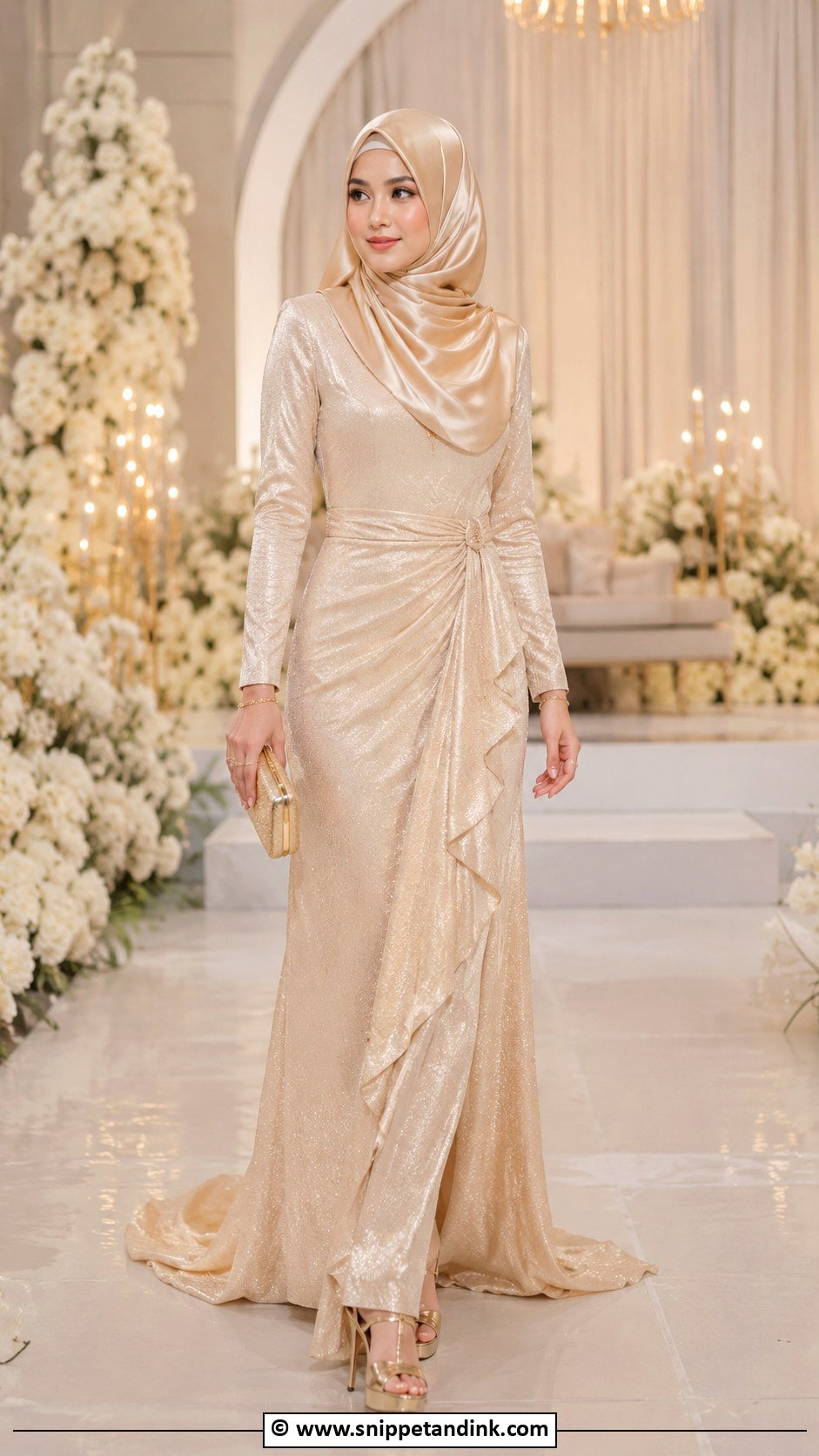 Gold Bridal Hijab With Champagne Dress - Snippet and Ink - 30 Bridal Hijab Styles