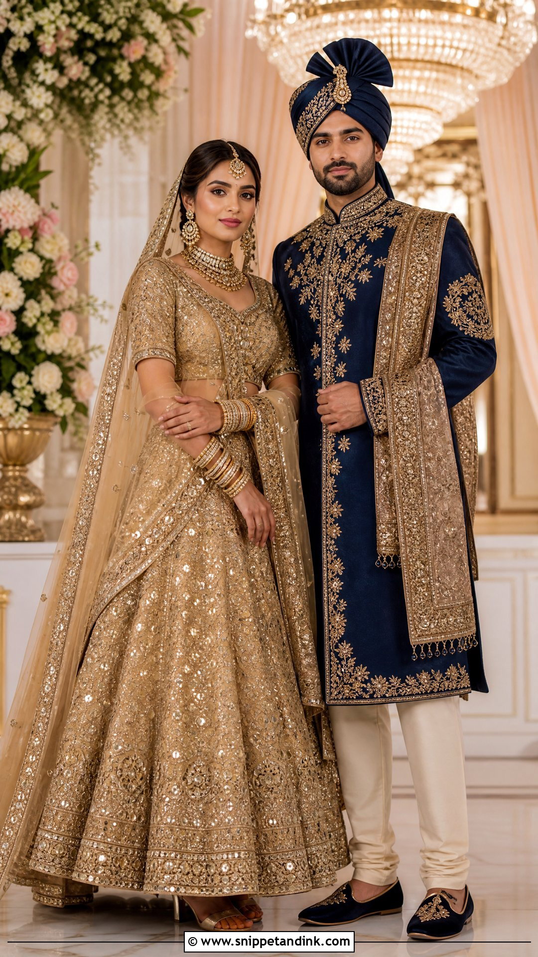 Gold Bridal Lehenga And Navy Sherwani Couple Outfit - Snippet and Ink - 20 Indian Bridal Couple Dress Ideas