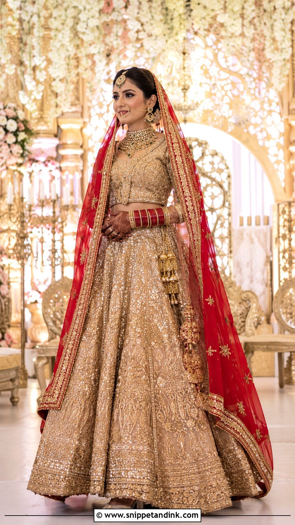 Gold Bridal Lehenga With Red Dupatta - Snippet and Ink - 25 Indian Weddings Bridal Lehnga Dress Ideas