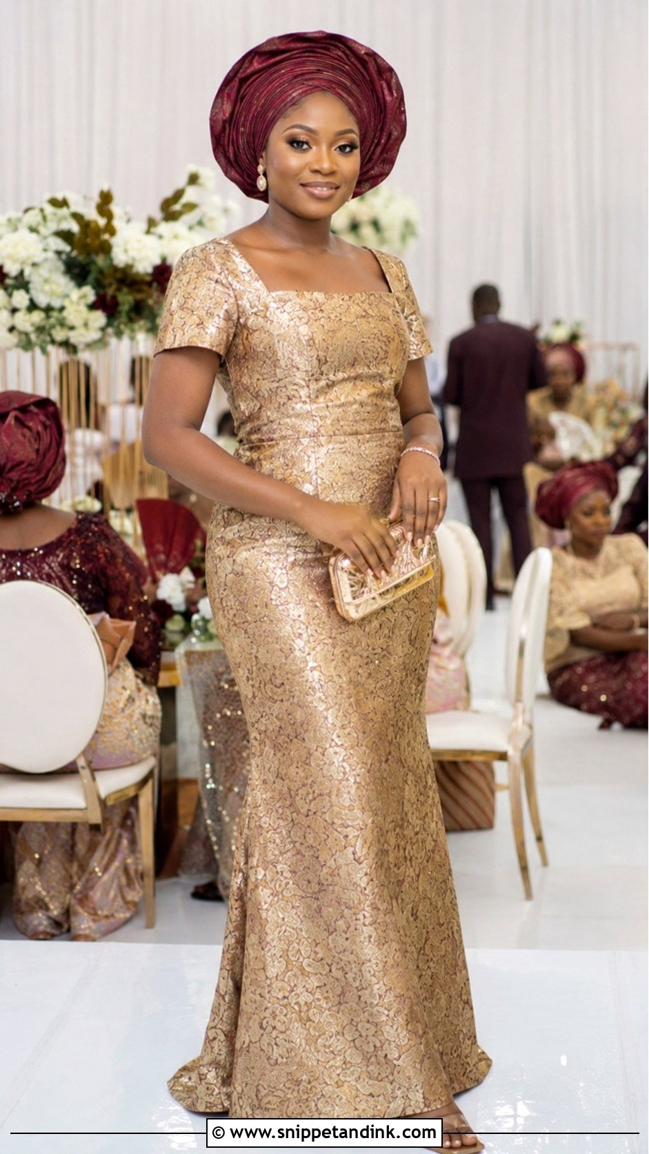 Gold Brocade Bridesmaid Dress With Gele - Snippet and Ink - 20 African Bridal Maids Dresses Style