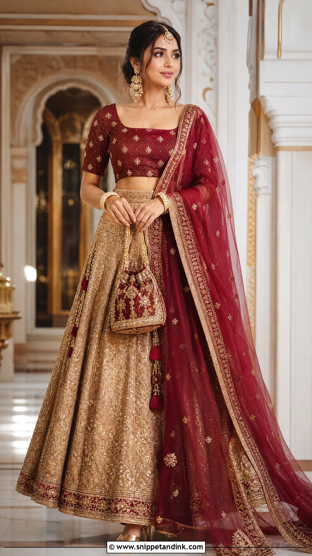 Gold Brocade Lehenga With Maroon Dupatta - Snippet and Ink - 20 Maroon Dupatta Combination Ideas