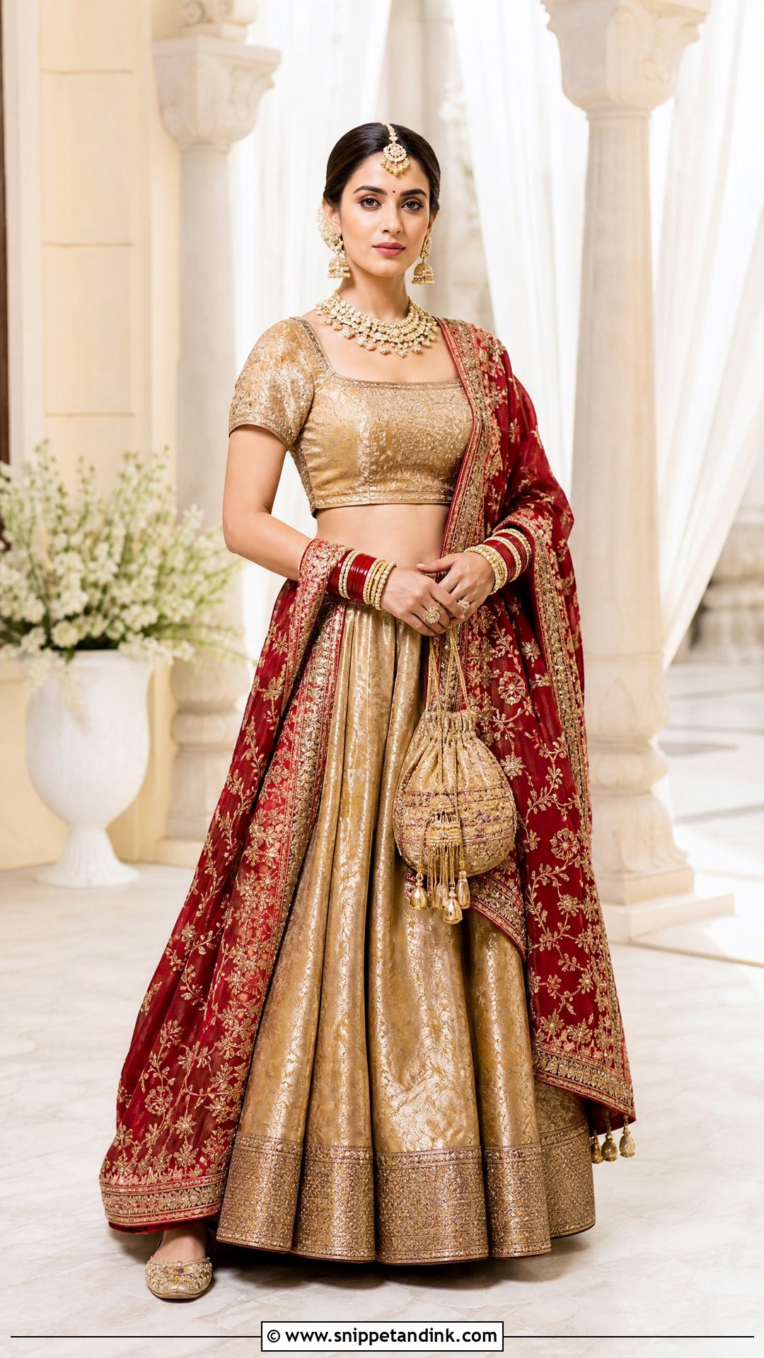 Gold Brocade Lehenga With Red Dupatta - Snippet and Ink - 20 Wedding Lenghas Ideas