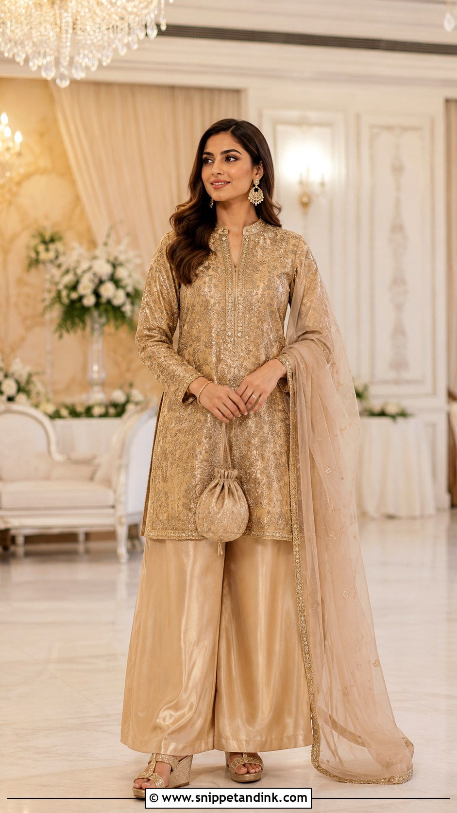Gold Brocade Long Shirt Palazzo Wedding Outfit - Snippet and Ink - 20 Long Shirt with Plazo Wedding Dress Ideas