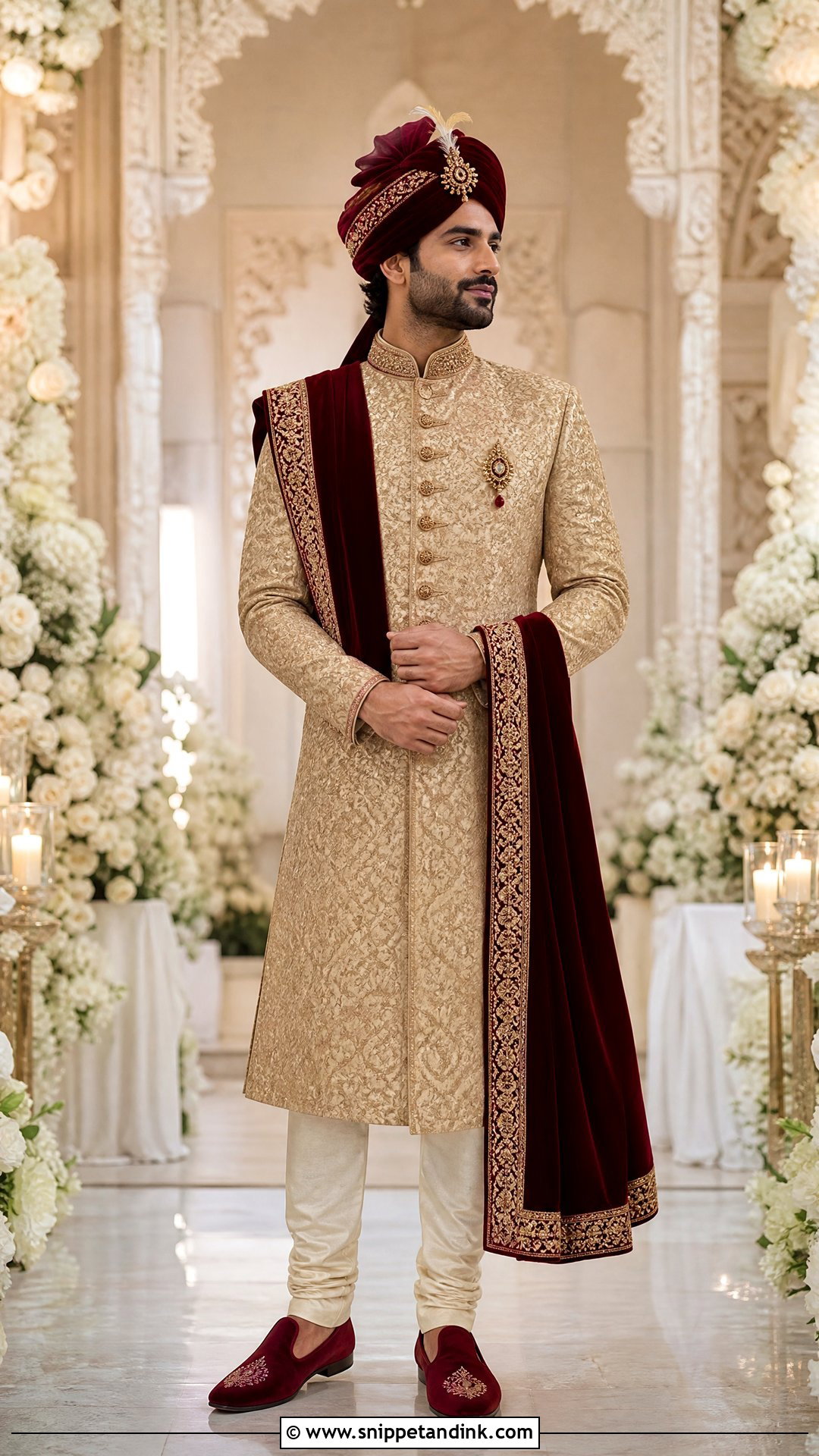 Gold Brocade Sherwani With Maroon Stole - Snippet and Ink - 20 Sherwani Wedding Ideas