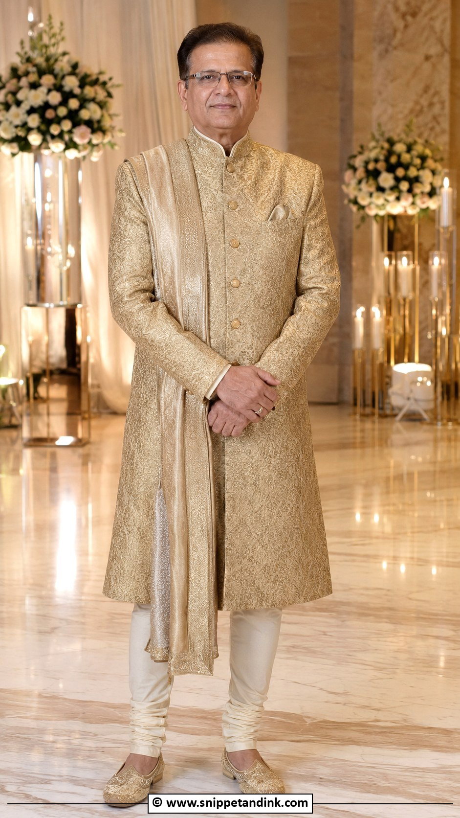 Gold Brocade Sherwani With Stole - Snippet and Ink - 25 Indian Bride's Father Outfit Ideas