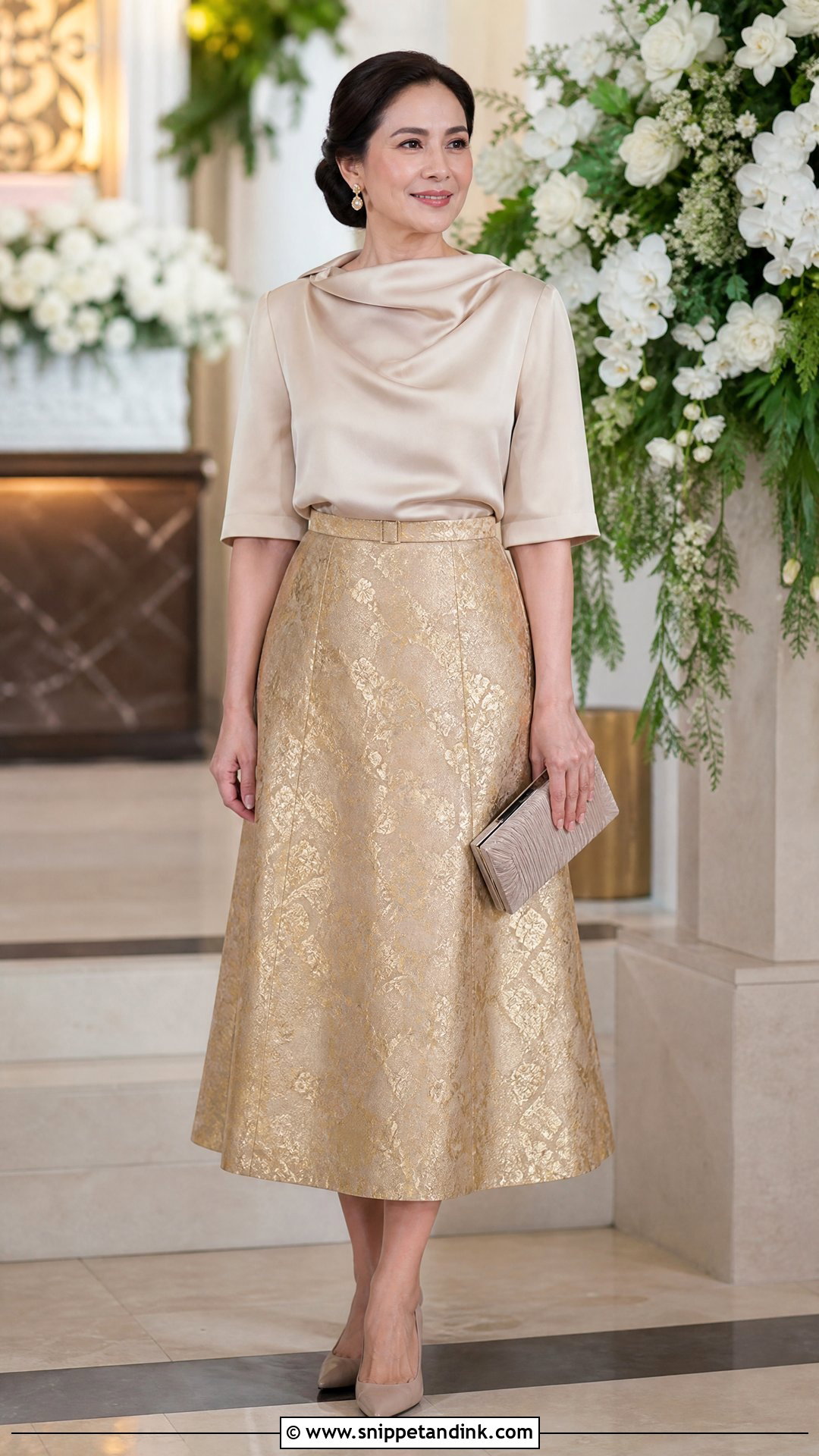 Gold Brocade Skirt and Silk Blouse Wedding Sponsor Outfit - Snippet and Ink - 20 Wedding Sponsors Outfit Ideas