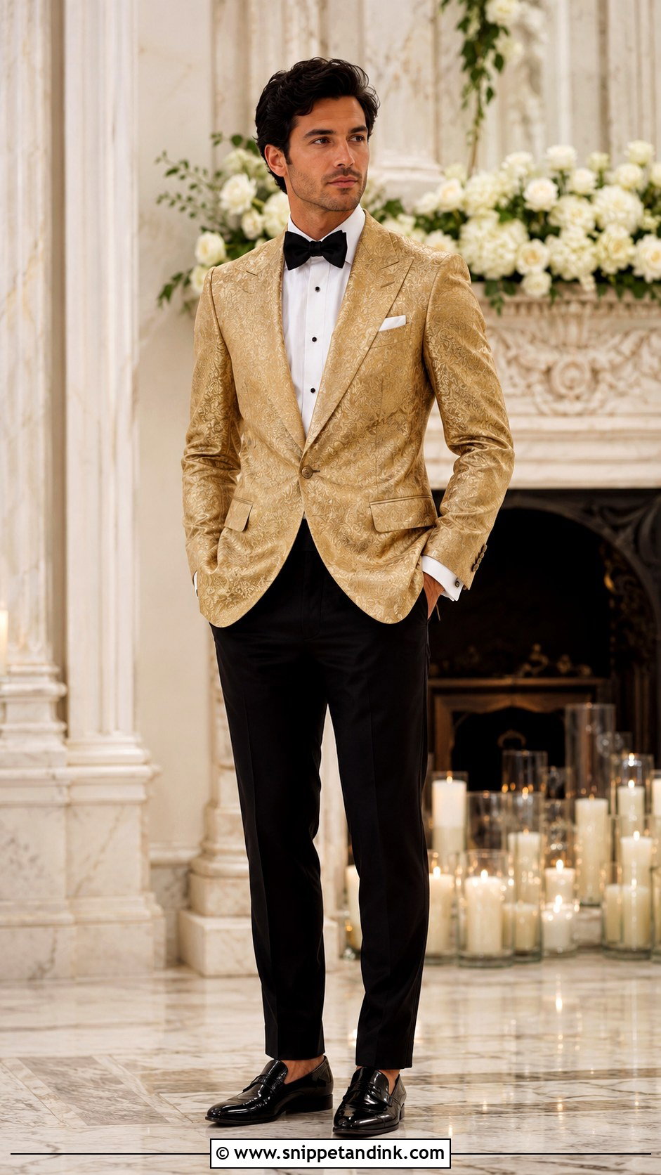 Gold Brocade Tuxedo With White Shirt - Snippet and Ink - 20 Gold Tuxedo Wedding Ideas